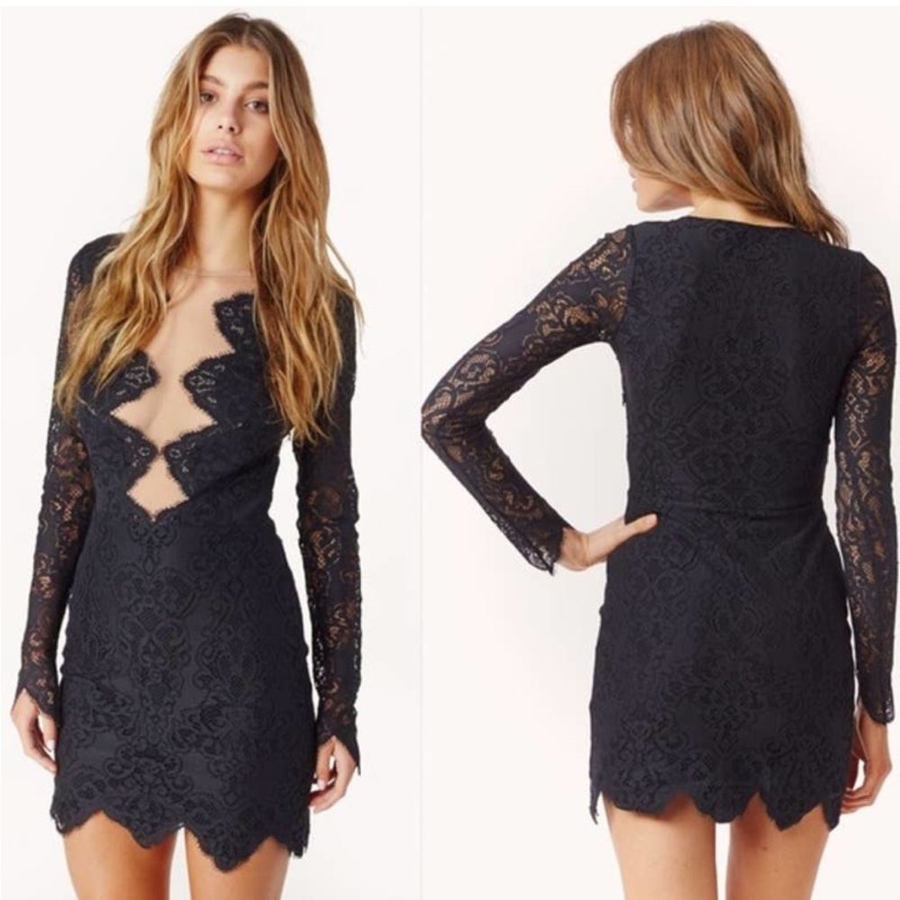 Worn Once For Love & Lemons Noir Dress Black Lace Mesh Long Sleeve Bodycon Mini